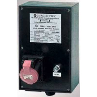 Schwarze elektrische Anschlussbox mit rosa Stecker. Oben befindet sich ein Etikett mit Herstellerinformationen.