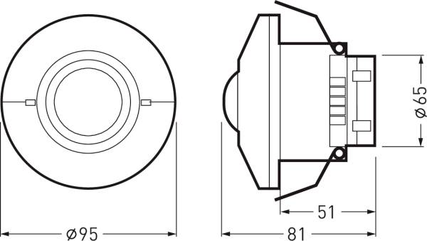 Zeichnung eines runden Lüftungselements mit Maßen: vorne Durchmesser 95 mm, seitlich 81 mm Tiefe, 51 mm Höhe und 65 mm Breite.