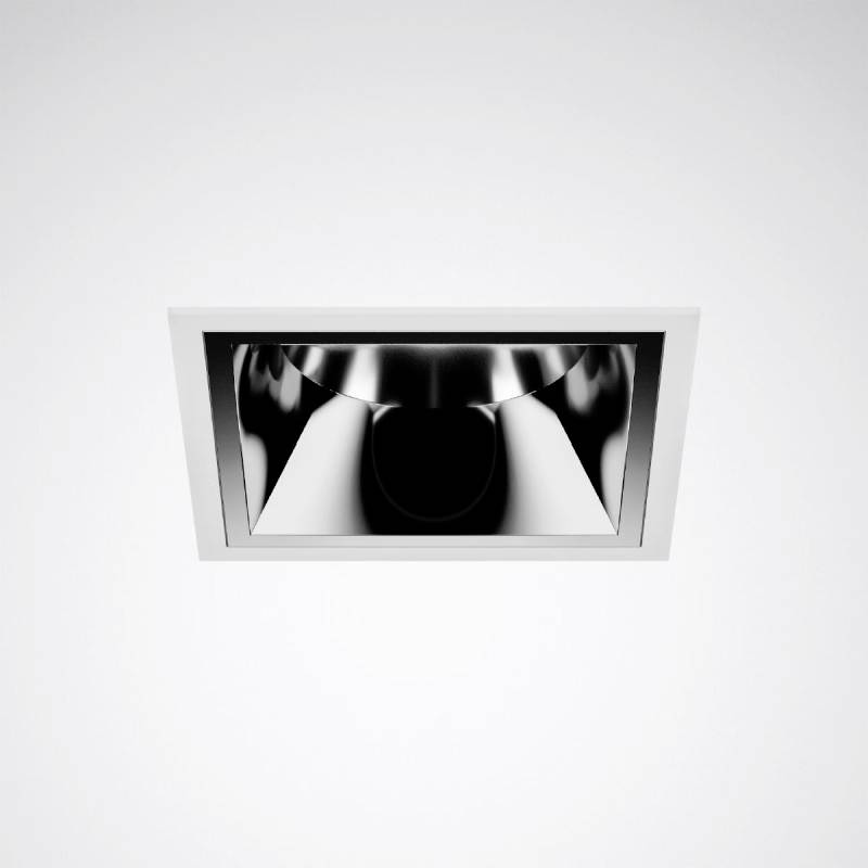 Ein rechteckiges, modernes Einbau-Downlight mit silbernem Reflektor in einem weißen Deckenpaneel, für Innenbeleuchtung konzipiert.