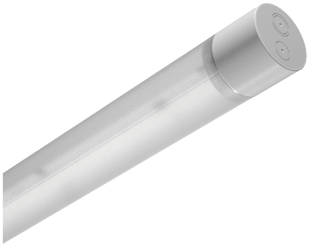 Eine runde, silberne LED-Leuchte, horizontal ausgerichtet, mit zwei Knöpfen an einem Ende.