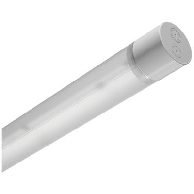 Eine runde, silberne LED-Leuchte, horizontal ausgerichtet, mit zwei Knöpfen an einem Ende.