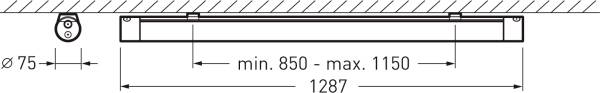 Diagramm zeigt eine Deckeninstallation mit einem horizontal platzierten Gerät, Längenangaben: minimal 850 mm, maximal 1150 mm.
