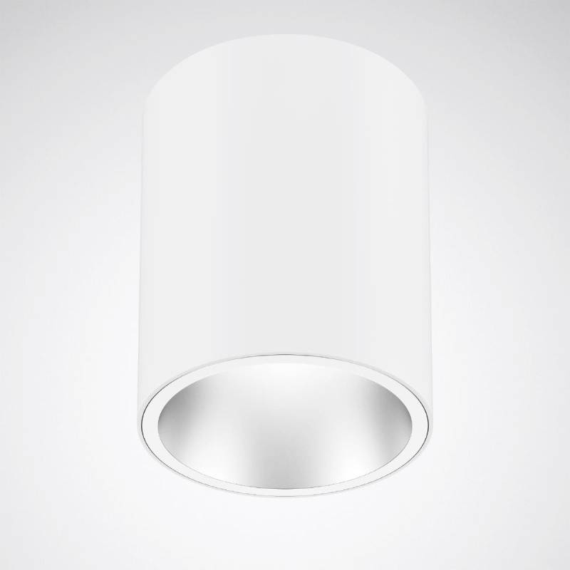 Ein zylindrisches, weißes Deckenlicht mit schlichtem, modernem Design. Es hat eine glänzende Innenseite und strahlt nach unten.