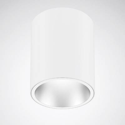 Ein zylindrisches, weißes Deckenlicht mit schlichtem, modernem Design. Es hat eine glänzende Innenseite und strahlt nach unten.