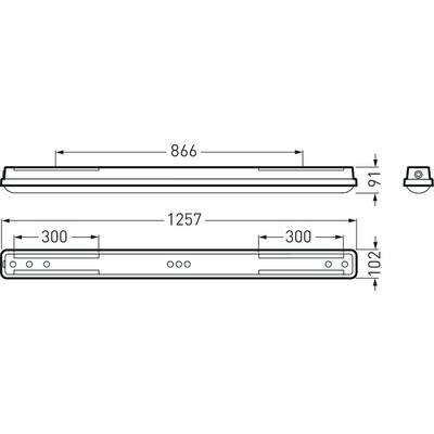 Technische Zeichnung einer Leuchte mit Abmessungen: Länge 1257 mm, Breite 91 mm, Höhe 102 mm. Seitenansicht zeigt Befestigungspunkte.