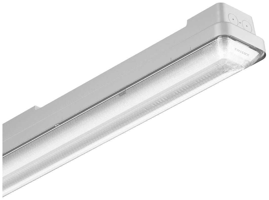 Industrieleuchte mit rechteckigem Gehäuse und transparentem Schutz, geeignet für Deckenmontage, leuchtet gleichmäßig hell.