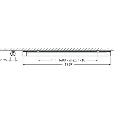 Abbildung eines Deckenmontagesystems mit Kamera. Mindestabstand 1400 mm, maximal 1710 mm. Breite insgesamt 1849 mm.