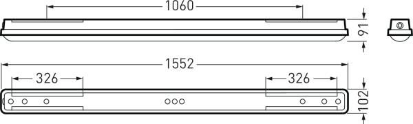 Technische Zeichnung einer rechteckigen Leuchte mit Abmessungen: Länge 1552 mm, Breite 91 mm, Höhe 102 mm. Seitenansicht zeigt Positionen der Befestigungspunkte.