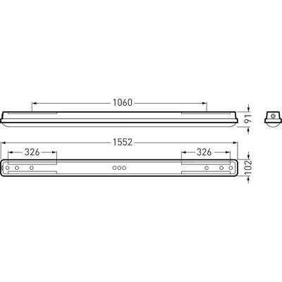 Technische Zeichnung einer rechteckigen Leuchte mit Abmessungen: Länge 1552 mm, Breite 91 mm, Höhe 102 mm. Seitenansicht zeigt Positionen der Befestigungspunkte.