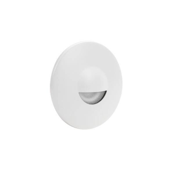 Rundes, weißes, wandmontiertes LED-Licht mit eingefasstem Lichtauslass. Ideal zur indirekten Beleuchtung von Treppen und Fluren.