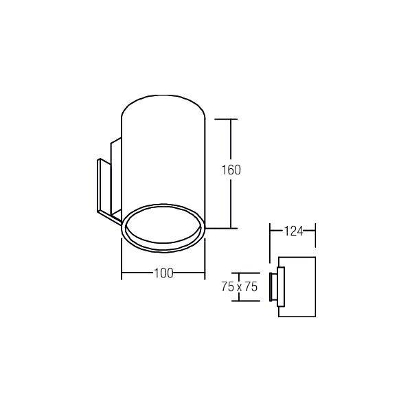 Technische Zeichnung einer zylindrischen Wandleuchte mit Maßen: Höhe 160 mm, Durchmesser 100 mm, Tiefe 124 mm, Halterung 75 x 75 mm.