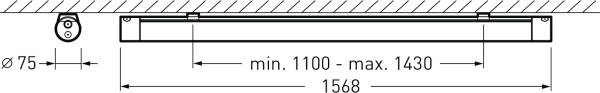 Technische Zeichnung einer Lichtinstallation. Länge: 1568 mm, verstellbar von 1100 bis 1430 mm. Durchmesser: 75 mm. Wandmontage.