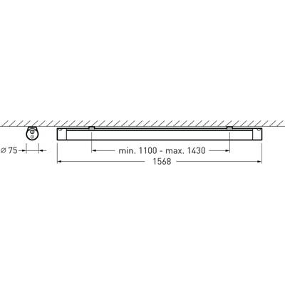 Technische Zeichnung einer Lichtinstallation. Länge: 1568 mm, verstellbar von 1100 bis 1430 mm. Durchmesser: 75 mm. Wandmontage.
