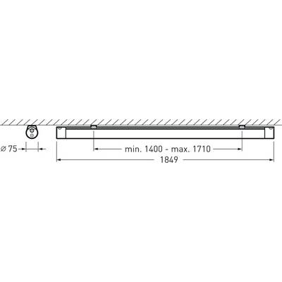 Diagramm einer länglichen Deckenleuchte mit Kamera, Maße: Durchmesser 75, Länge 1849, verstellbare Breite 1400 bis 1710.