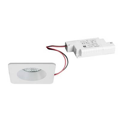 LED-Downlight mit quadratischem Gehäuse und externem Transformator, geeignet für den Deckeneinbau. Weiß, schlichtes Design.