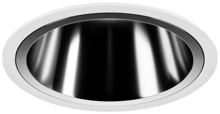 Einbauleuchte mit metallisch glänzendem Reflektor, umgeben von einem weißen Rahmen. Modernes Design für Deckenbeleuchtung.
