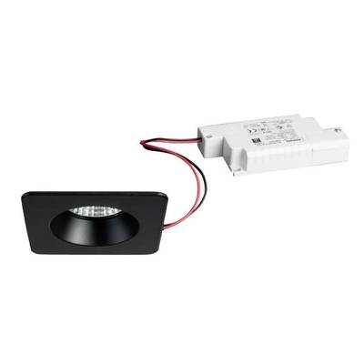 Ein schwarzer, rechteckiger LED-Einbaustrahler mit einem weißen Anschlusskasten und roten sowie schwarzen Kabeln.