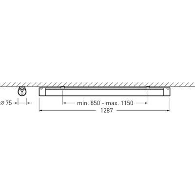 Technische Zeichnung eines rechteckigen Objekts mit zwei Befestigungspunkten. Maße: minimal 850 mm, maximal 1150 mm, Gesamtbreite 1287 mm.