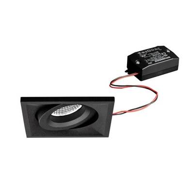 Schwarzer, quadratischer LED-Deckenstrahler mit verstellbarem Inneren. Verbundenes Vorschaltgerät sichtbar.
