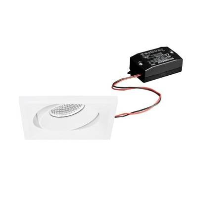 Weiße LED-Einbauleuchte mit rechteckigem Rahmen und externem Transformator, verbunden durch rote und schwarze Drähte.