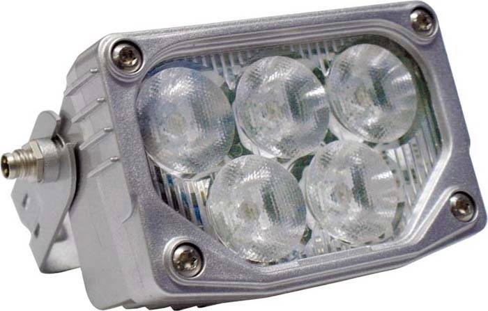 Ein silbernes LED-Licht mit sechs runden Linsen, geeignet für Fahrzeuge oder industrielle Anwendungen. Rechteckiges Gehäuse mit Schrauben in den Ecken.
