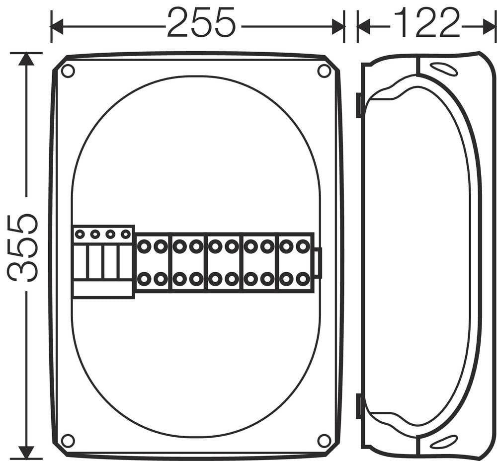 Technische Zeichnung eines rechteckigen Kastens mit den Maßen 255x122x355 mm, zeigt Innenraum mit vorgestanzten Löchern.