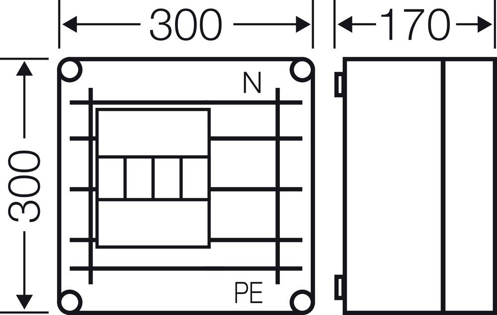 Technische Zeichnung eines elektrischen Anschlusskastens. Maße: 300x300 mm. Ansicht von vorne und rechts gezeigt.