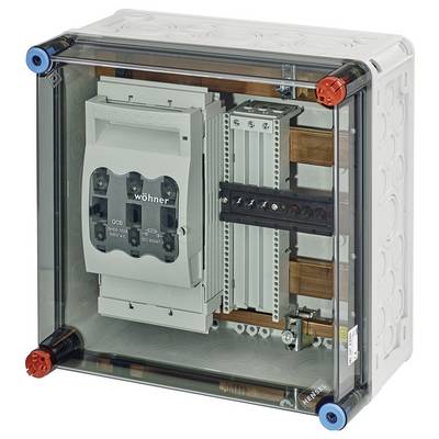 Elektrischer Schaltschrank mit transparentem Gehäuse zeigt interne Komponenten, darunter Sicherungs- und Verteilerklemmen.