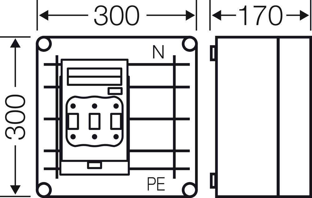 Schaltplan eines elektrischen Geräts mit Abmessungen 300x170mm. Markierte Anschlüsse: 'N' für Neutralleiter und 'PE' für Schutzleiter.