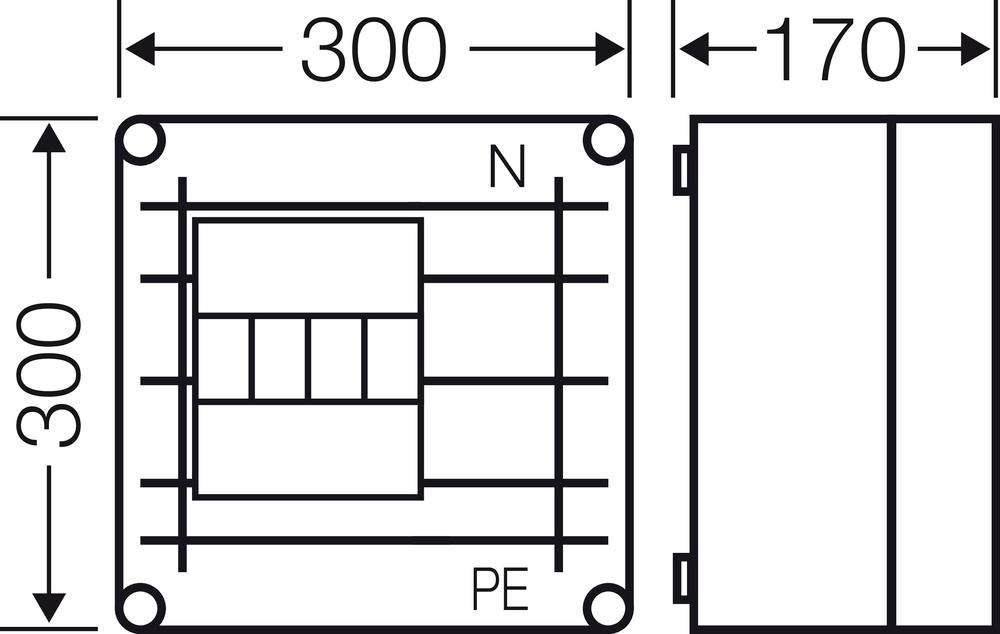 Technische Zeichnung eines elektrischen Schaltkastens mit den Maßen 300 x 170 mm. Ansicht von vorne und der Seite mit Anschlüssen N und PE.