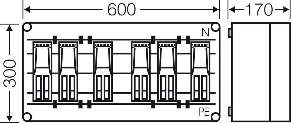 'Schaltplan eines elektrischen Verteilerkastens mit fünf Sicherungen, Abmessungen 600x300 mm. Rechte Seite zeigt Anschlussdetail.'