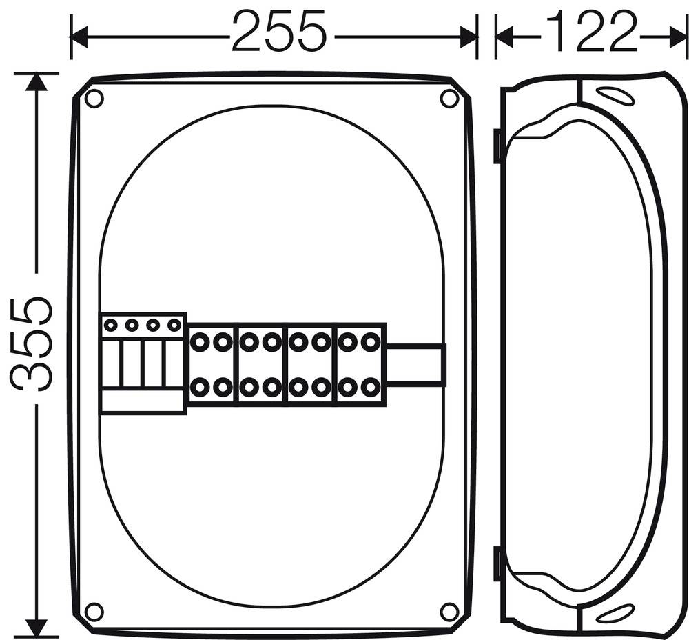 Schaltschrankschema mit Abmessungen: 355 mm hoch, 255 mm breit, 122 mm tief. Zeigt innenliegende Anschlussleiste.