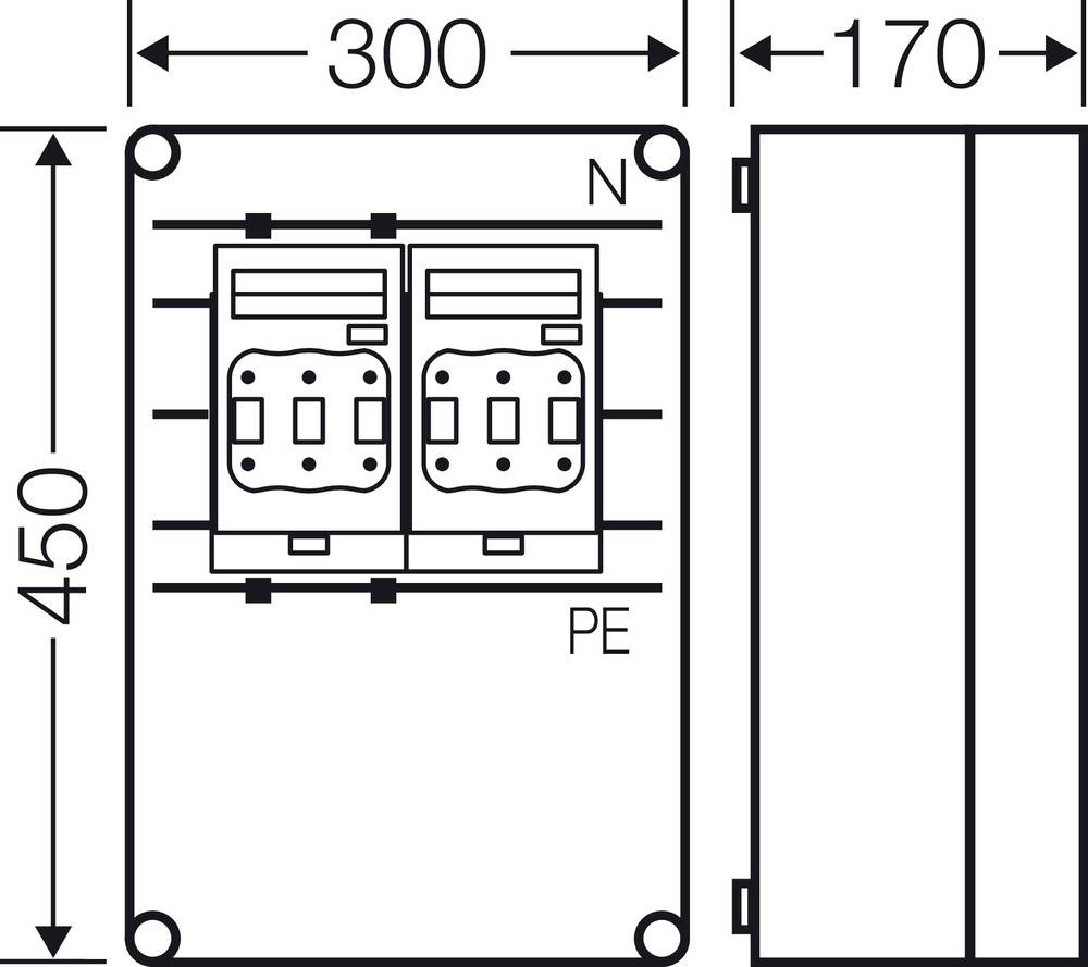 Technische Zeichnung eines rechteckigen Gehäuses mit den Maßen 300x450x170 mm. Zwei Steckplätze sind in der Vorderansicht sichtbar mit 'N' und 'PE' beschriftet.