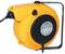 Gelbes Kabelaufrollergehäuse mit schwarzer Rückseite, befestigt an einer Metallhalterung.
