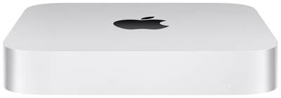 Ein silberner Apple Mac mini Computer mit dem ikonischen Apple Logo auf der Oberseite, von vorne gesehen.