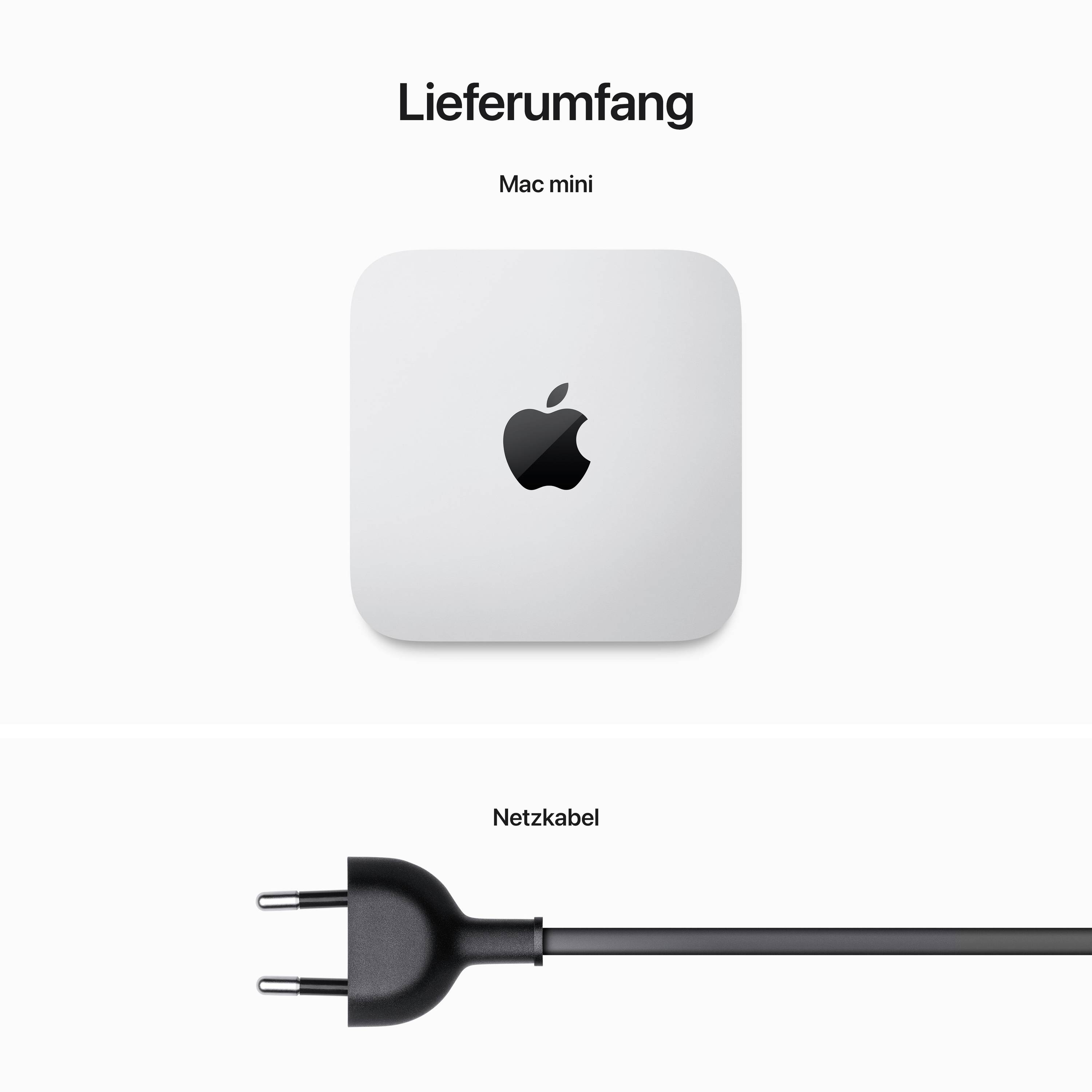 'Lieferumfang: Mac mini und Netzkabel.' Mac mini ist oben abgebildet, darunter das Netzkabel.