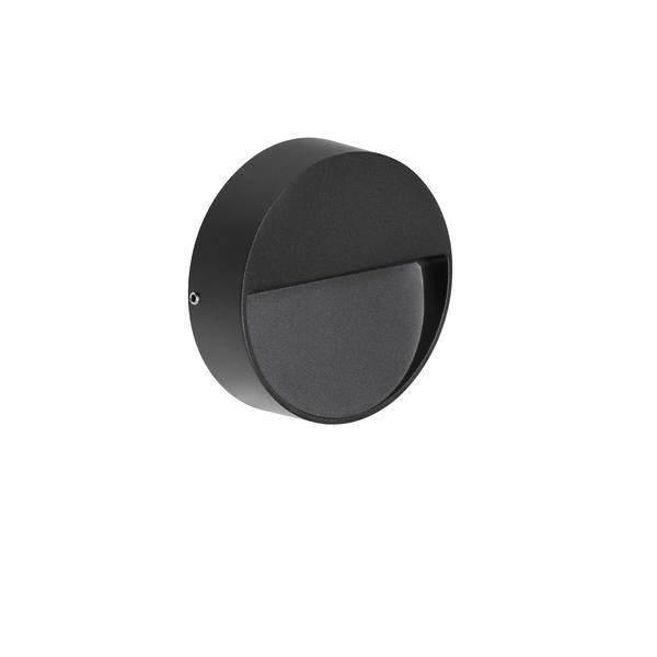 Ein modernes, rundes, schwarzes Wandlicht mit schlichter, flacher Form und seitlichem Lichteinlass. Ideal für minimalistische Räume.