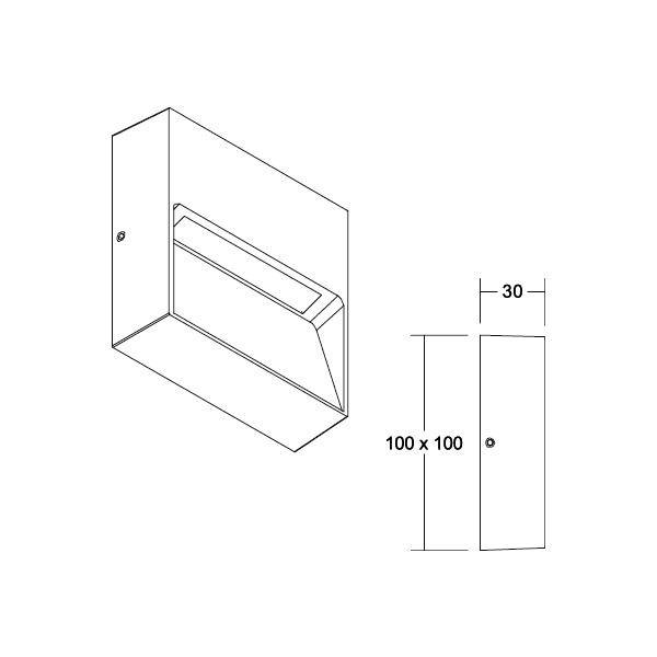 Technische Zeichnung einer quadratischen Leuchte, 100x100 mm, mit 30 mm Tiefe. Zeigt Ansicht und Seitenansicht mit Maßen.