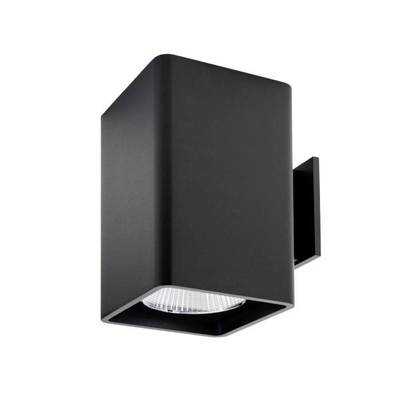 Rechteckige schwarze Außenwandleuchte mit quadratischer Öffnung, modernem Design und klarer Linse, an einer Wand montiert.