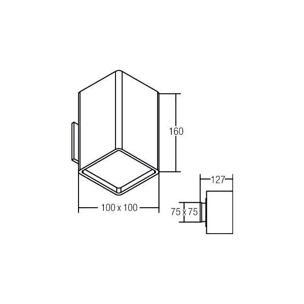 Technische Zeichnung eines würfelförmigen Objekts mit den Maßen 100 x 100 x 160 mm. Seitliche Ansicht zeigt 127 mm. Rückseite 75 x 75 mm.
