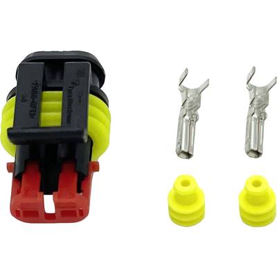 Zwei-poliger Auto-Stecker und zwei gelbe Dichtungen nebeneinander, mit zwei metallischen Kontakten rechts.