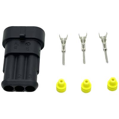 Ein schwarzer dreipoliger Stecker mit Zahlen 1, 2 und 3; daneben drei Metallkontakte und drei gelbe Gummidichtungen.