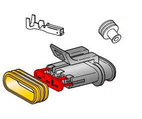 Anleitung zur Montage eines Steckverbinders: Einzelteile sind Steckergehäuse, Dichtungen und Kontakte. Hauptteile hervorgehoben.