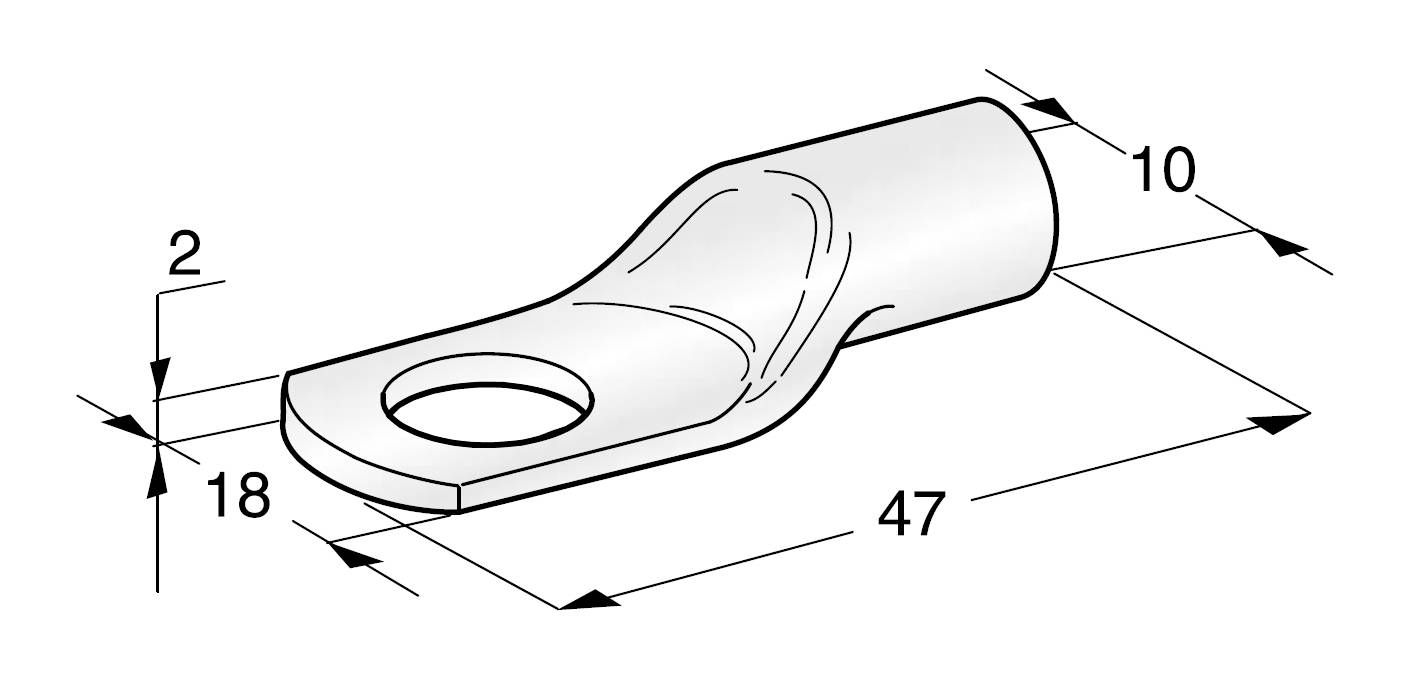 Abbildung eines Kabelschuhs mit Maßen: Länge 47 mm, Breite 18 mm, Dicke 2 mm, Durchmesser des Lochs 10 mm.