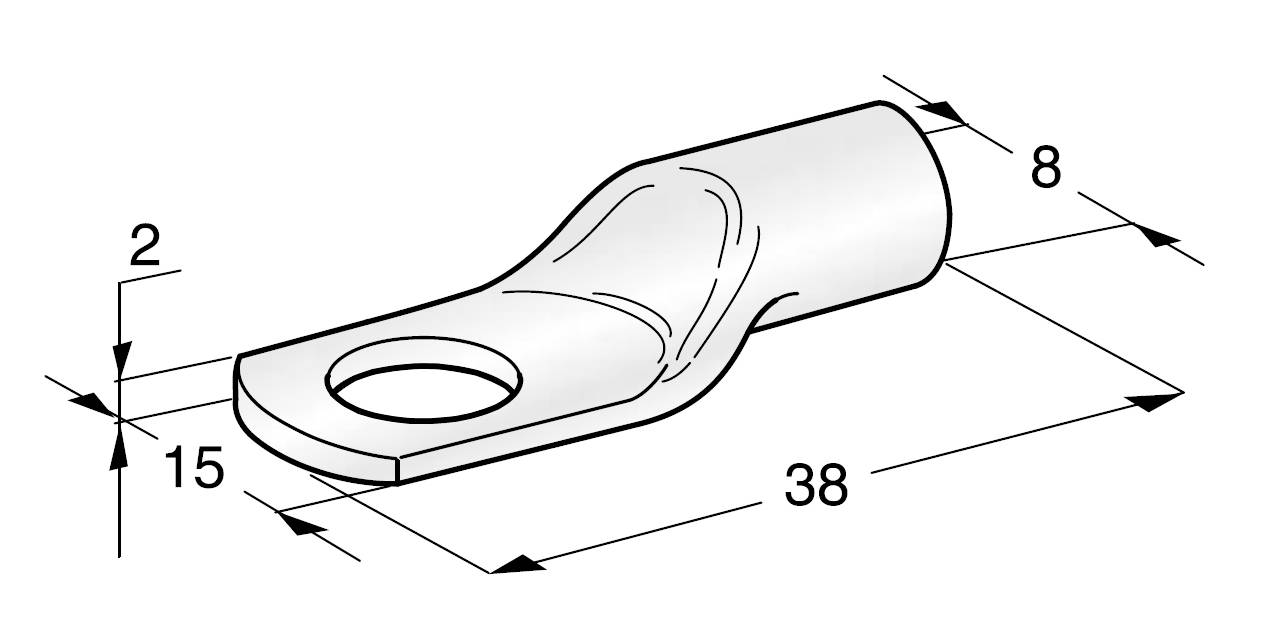 Technische Zeichnung eines Kabelschuhs mit Abmessungen: Gesamtlänge 38 mm, Breite 15 mm, Dicke 2 mm, Anschlussöffnung 8 mm.