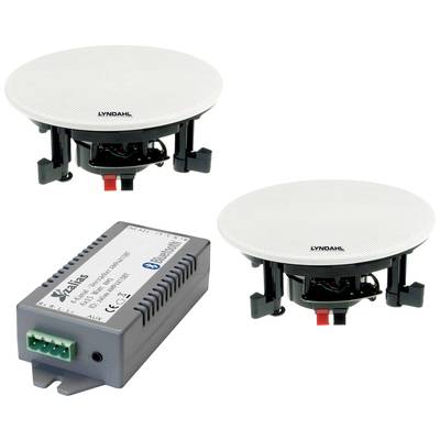 Zwei weiße, runde Deckenlautsprecher mit einem Bluetooth-Empfänger. Elektronisches Zubehör, geeignet für drahtlose Audioübertragung.