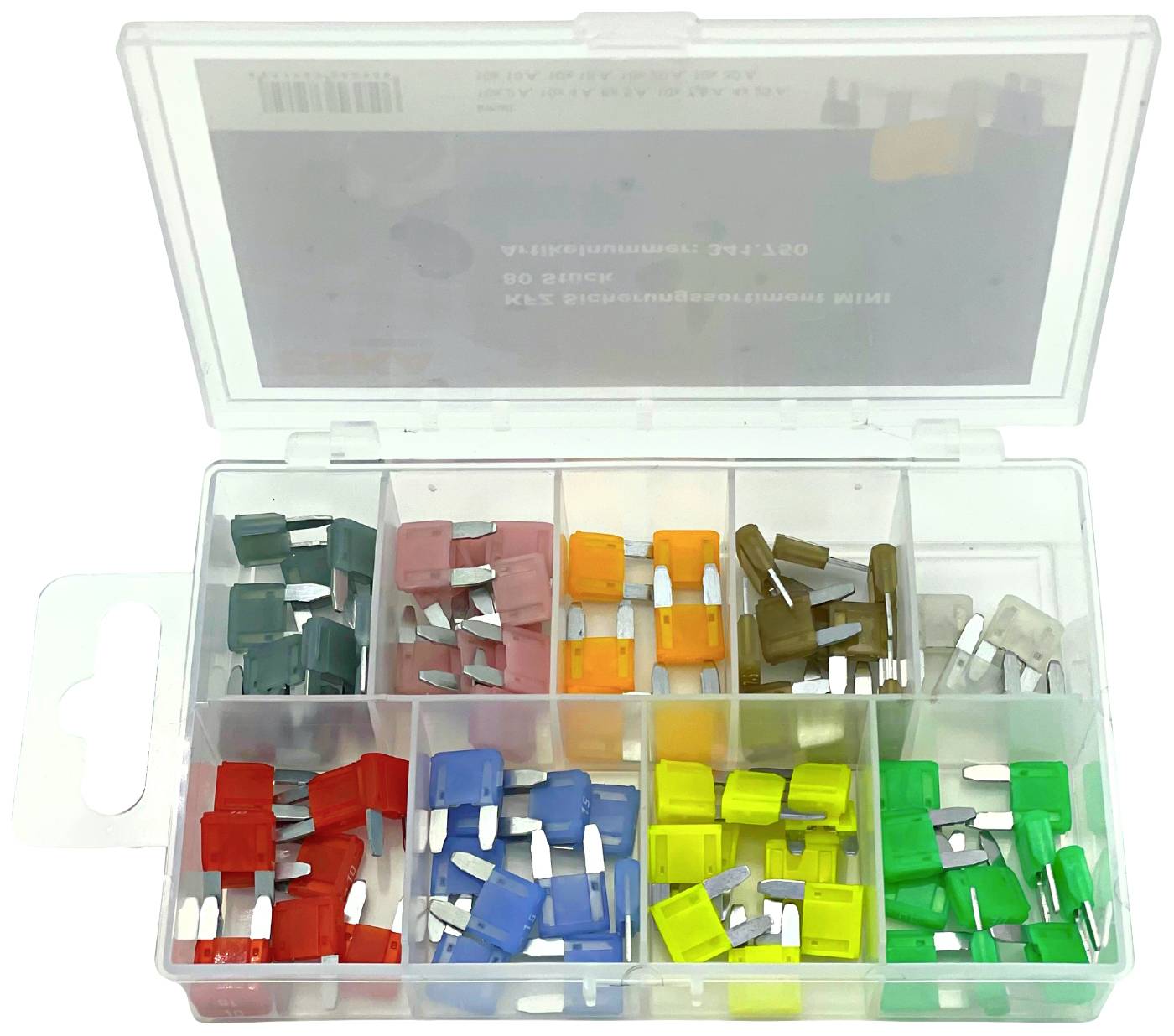 Eine transparente Box mit zehn Fächern, gefüllt mit verschiedenfarbigen Kfz-Sicherungen. Jede Farbe repräsentiert eine andere Stromstärke.