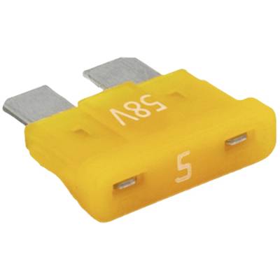 Gelbe Flachsicherung mit der Aufschrift '5A 32V', zeigt die Stromstärke und Spannungskapazität, wichtig für elektrische Anwendungen.