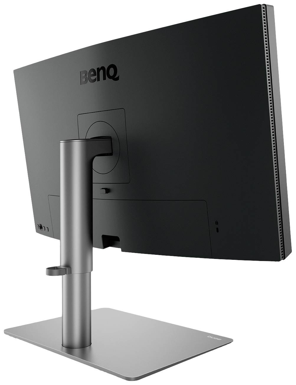 Ein schwarzer Computerbildschirm von hinten, auf einem silbernen Standfuß montiert. Das Logo 'BenQ' ist sichtbar.