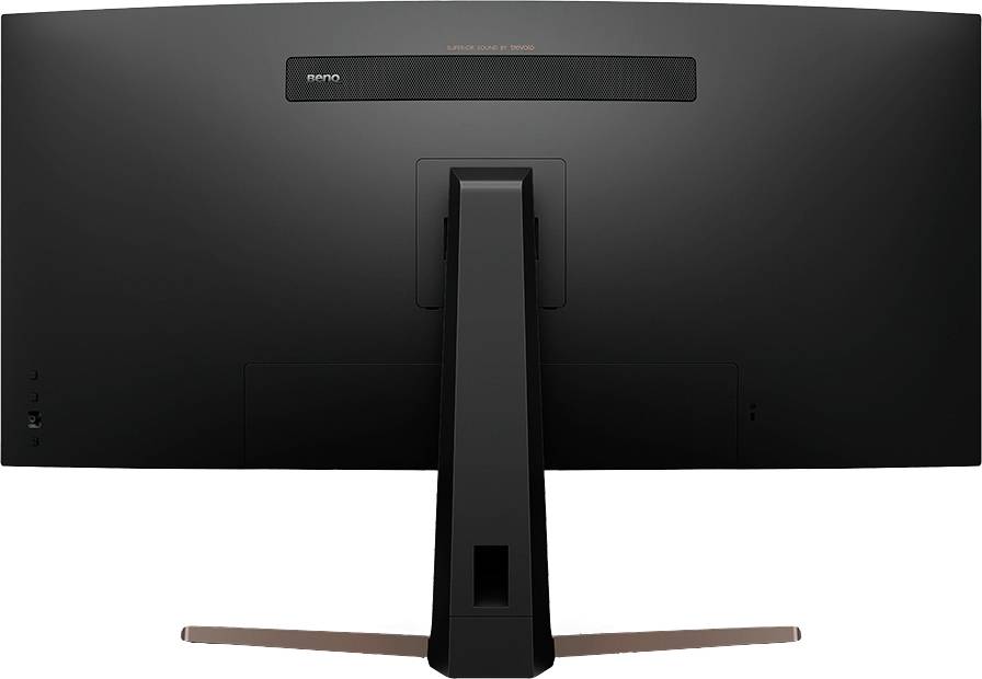Ein großer schwarzer Computermonitor von hinten, zeigt den Standfuß und die schlichte Rückseite. Keine sichtbaren Kabel oder Anschlüsse.
